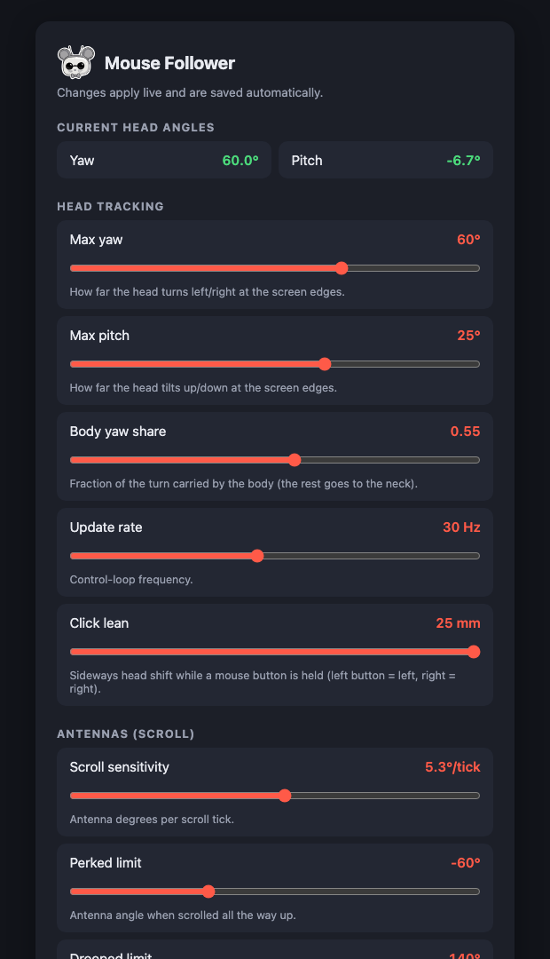 Screenshot of the settings page while the app is running